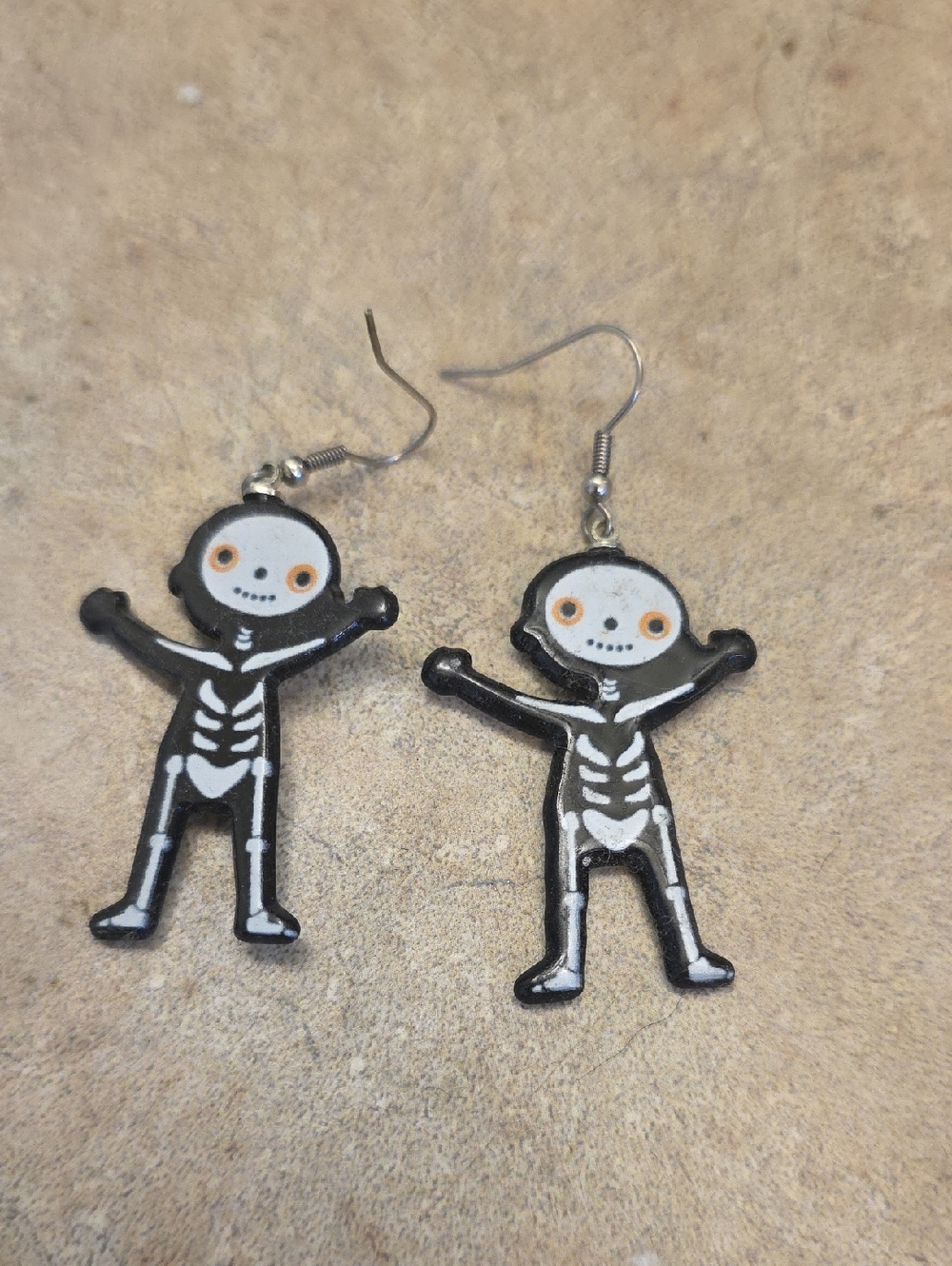 Cute Skeleton Dangle Earrings - Black & White with Orange Accents